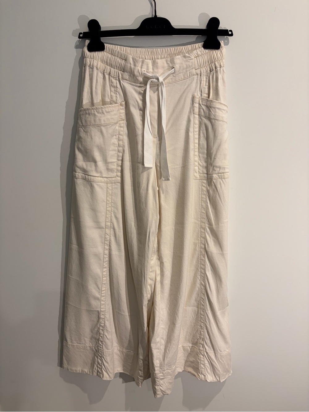 Maeve Cream Drawstring Wide-Leg Pants with Patch Pockets